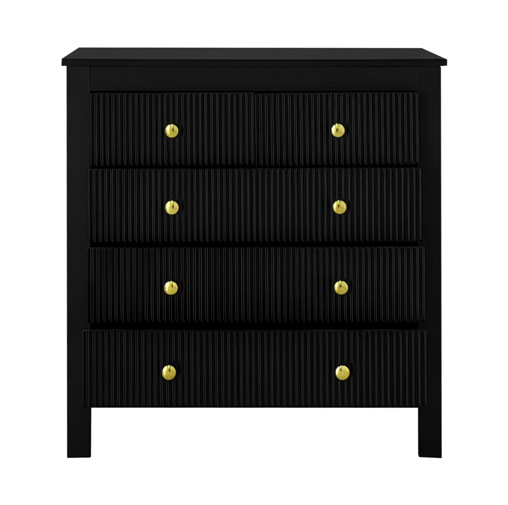 Kommode mit 5 Schubladen, schwarze Spanplatte, Goldgriffe, 79x80,5x39,5 cm