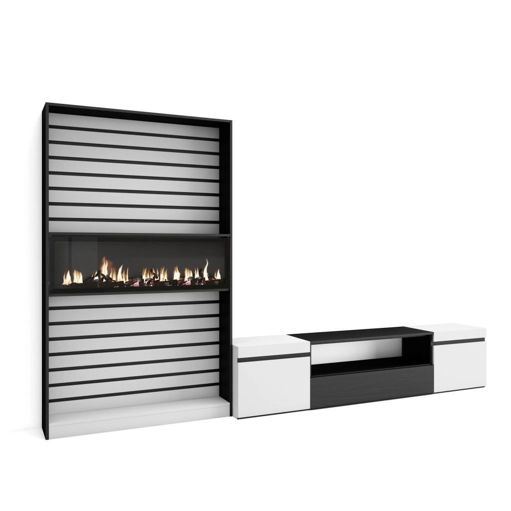 Mobile TV, Soggiorno, 310x35x186cm, Per TV fino a 80", Camino elettrico, Bianco e nero RF2843