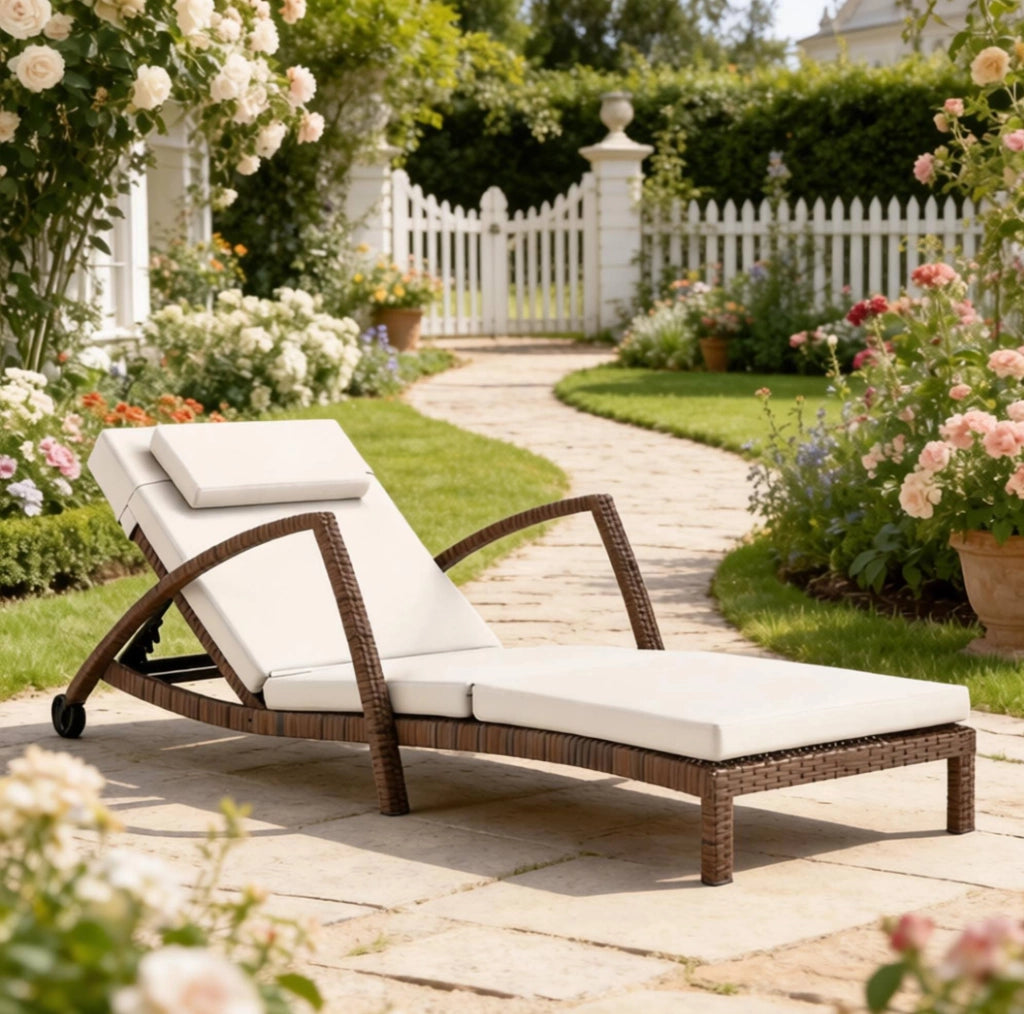 Sdraio da giardino regolabile con ruote, cuscino e braccioli, beige/marrone