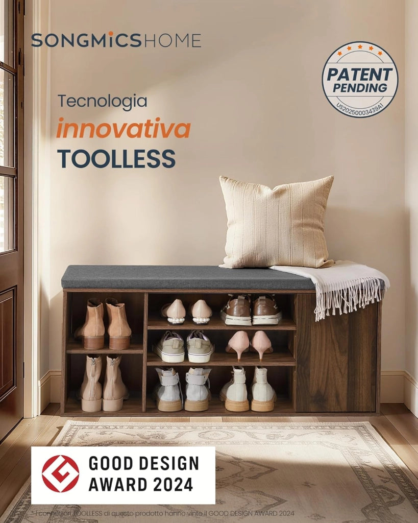 SONGMICS HOME Panca Scarpiera, Montaggio Rapido Senza Attrezzi Toolless, Panchina con Scomparti Aperti, Ripiani Regolabili, Portascarpe, Noce Naturale e Grigio Ardesia LHS391KE02
