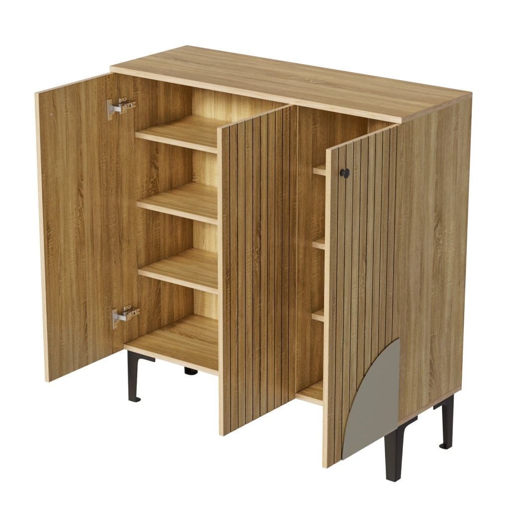 Scarpiera moderna 90x32x94 cm in effetto legno con ante; ripiani interni e gambe nere