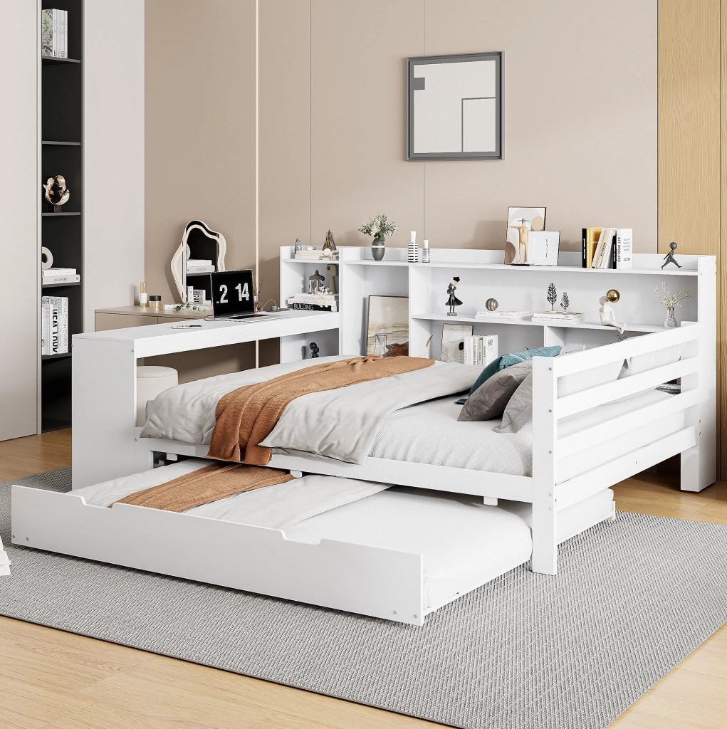 Letto multifunzionale in legno massello 140x200 cm con letto estraibile, scrivania e scaffali