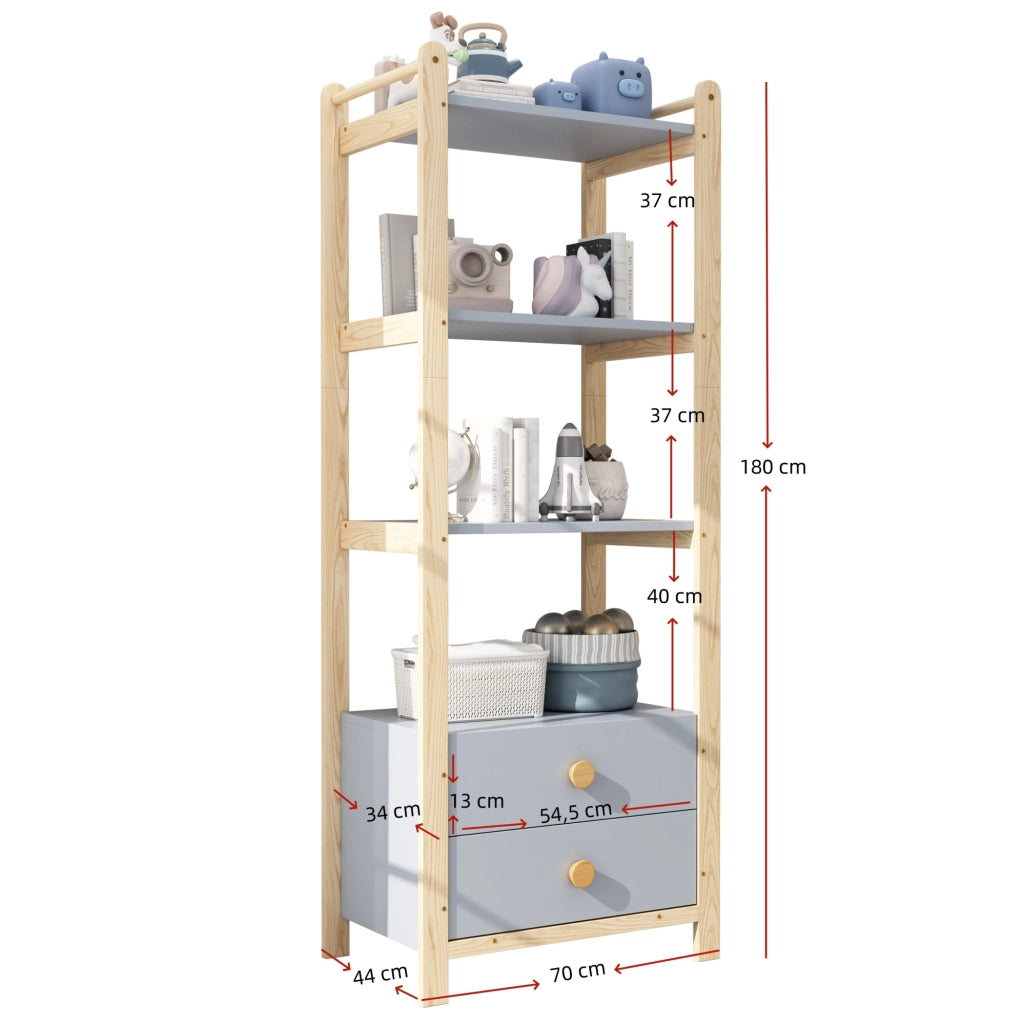 Libreria autoportante blu e legno con 4 ripiani e 2 cassetti, 70x45x180,5 cm