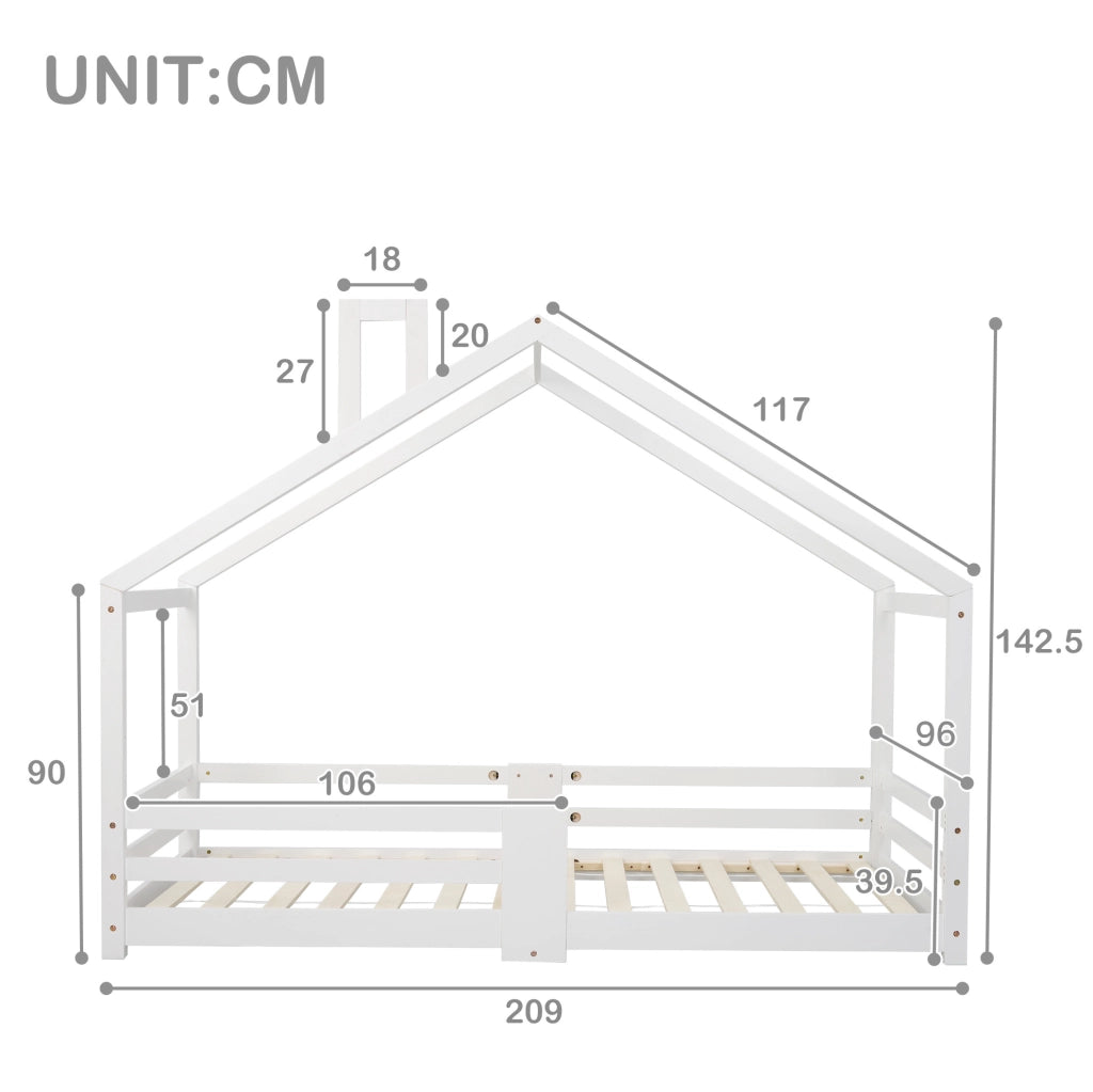 Letto a casetta per bambini 90x200 cm in legno massello bianco