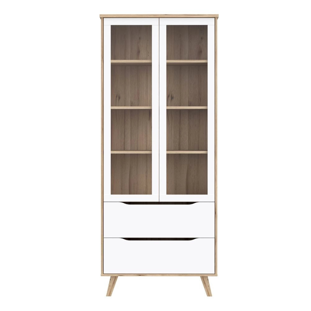 Vetrina Axis 2 Ante in Vetro e 2 Cassetti Rovere e Bianco – Eleganza Moderna e Massima Luminosità