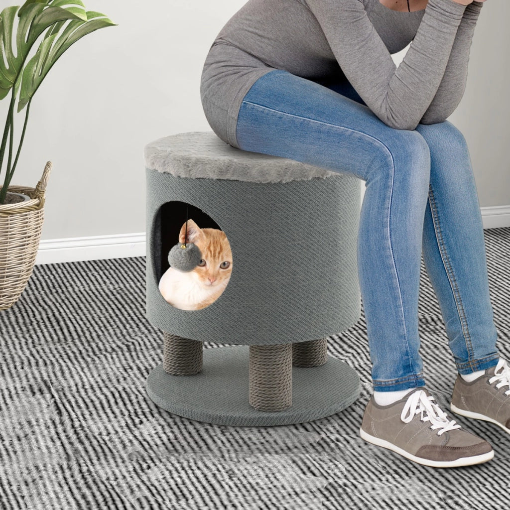 Sgabello nicchia per gatti con pali tiragraffi e pallina di peluche, Casetta per animali domestici multiuso Grigio-Lettini e divanetti