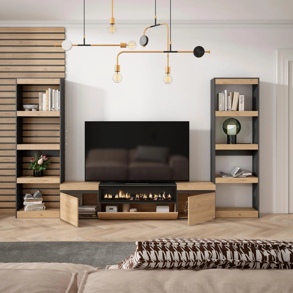 Mobile TV, Soggiorno, 320x35x186cm, Per TV fino a 80", Camino elettrico, colore Rovere e nero RF2604