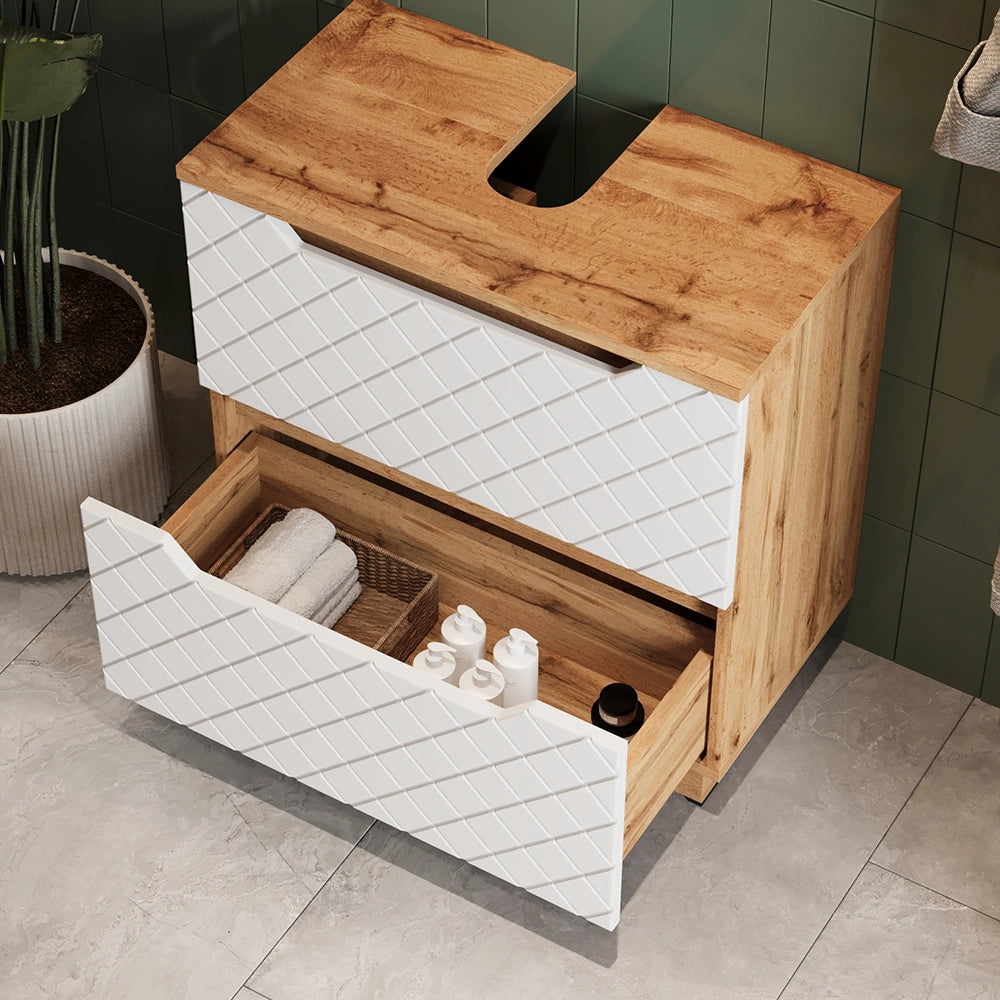 Vicco Mobile sottolavabo per bagno Rovere/bianco con struttura in piastrelle 59.8 x 62.5 cm con 2 cassetti