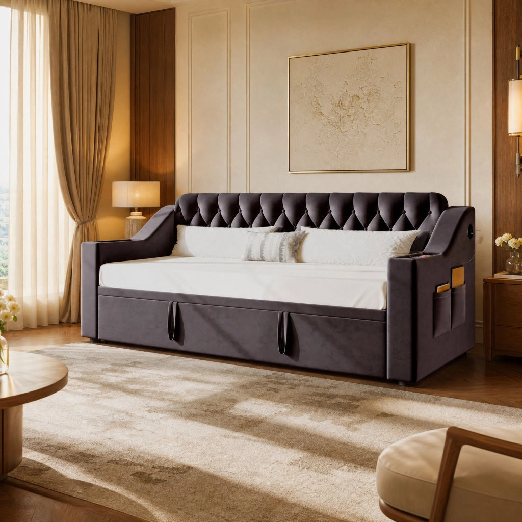 Divano letto imbottito estraibile 90x190/180x190 cm in velluto grigio con USB e Type-C