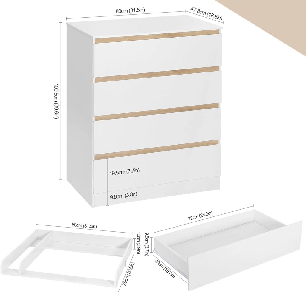 Mobile Fasciatoio per Bambini, Cassettiera con 4 Cassetti, Cassettone con Ripiano Fasciatoio Rimovibile, in Legno MDF e Truciolare, Bianco+Rovere