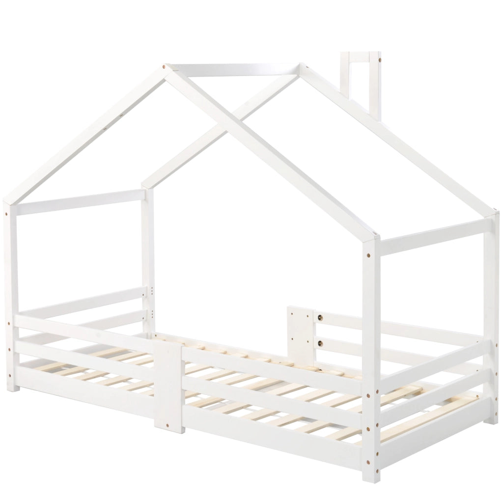 Letto a casetta per bambini 90x200 cm con protezione anticaduta; in legno massello di pino; bianco