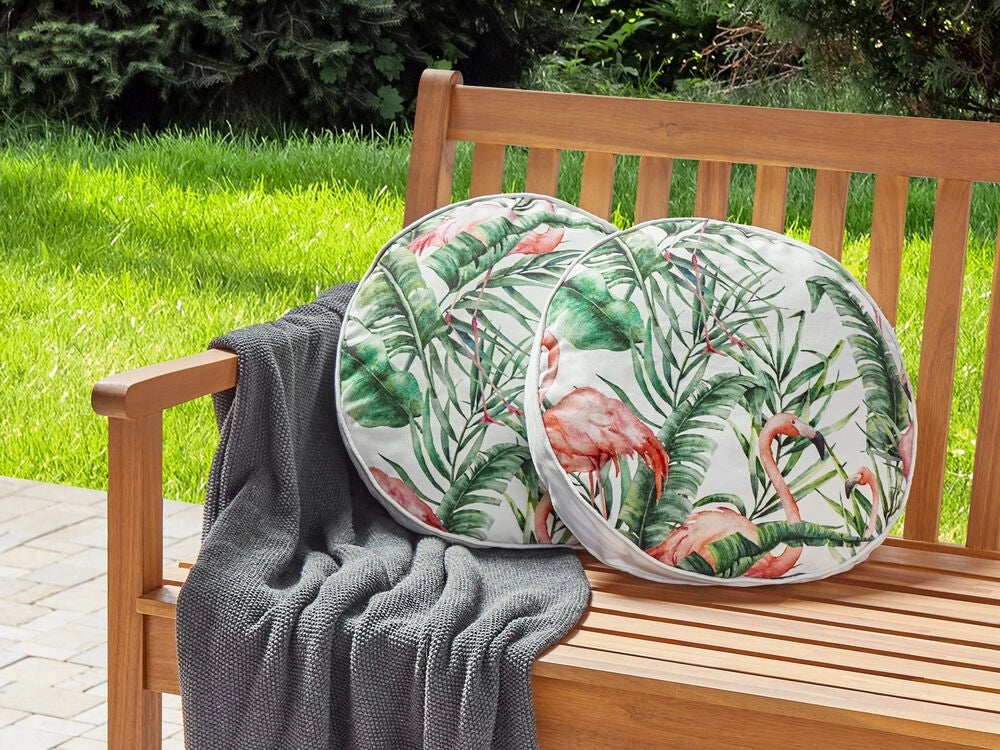 Set di 2 cuscini da giardino rotondi in tessuto di poliestere nero motivo uccelli ⌀ 40 cm resistente all'acqua