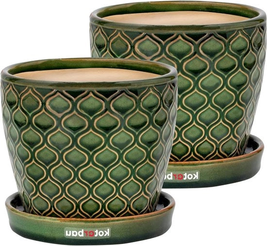 Vaso ceramico vintage diametro 15 cm disegno pesce verde - con bacino di raccolta - 2 pezzi