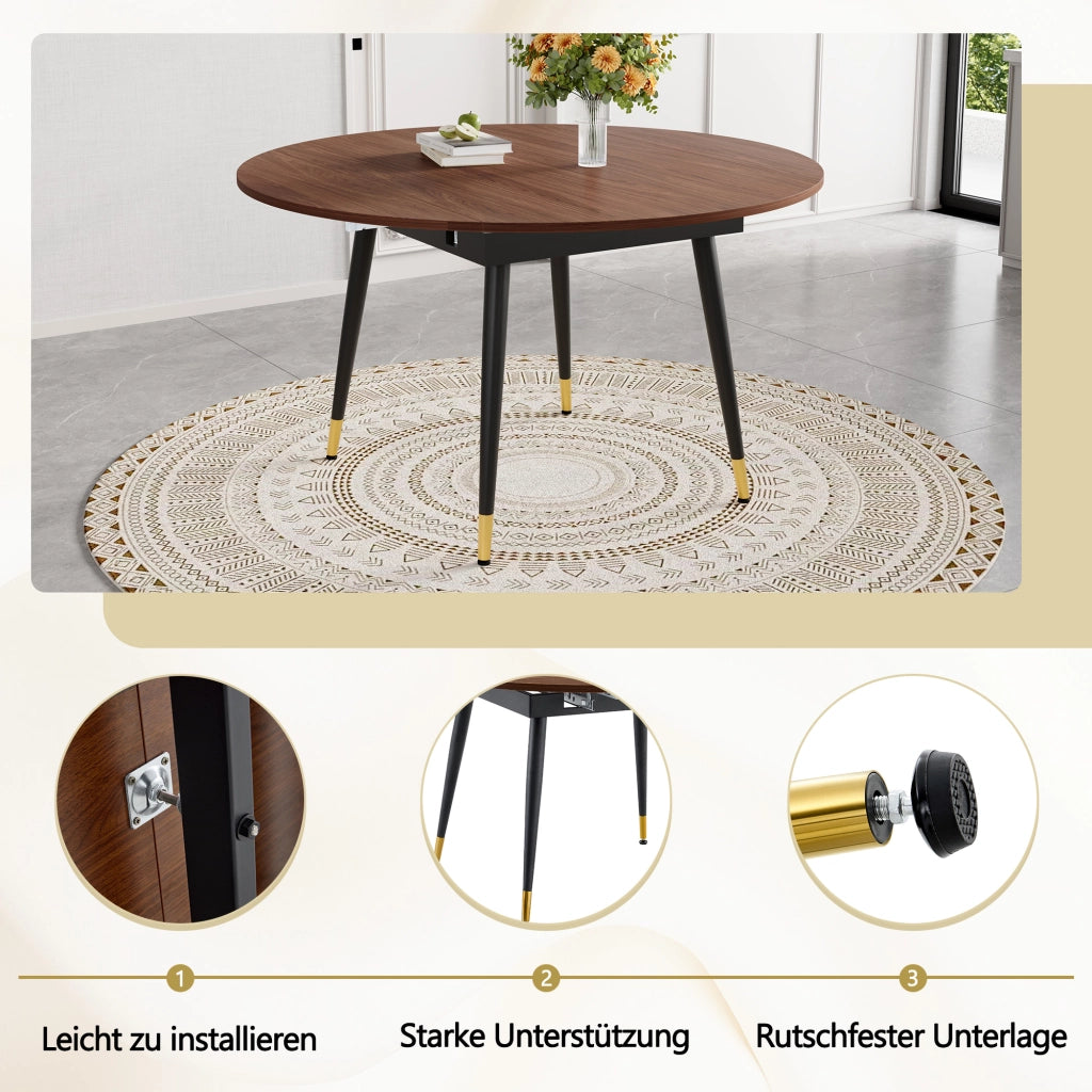 Tavolo da pranzo - estraibile da rotondo a ovale - MDF nero/noce - gambe oro - salvaspazio - per cucina e sala