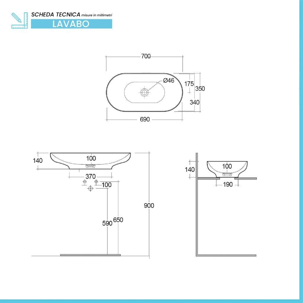 Lavabo d’appoggio 70cm ovale in ceramica bianca Rak Des