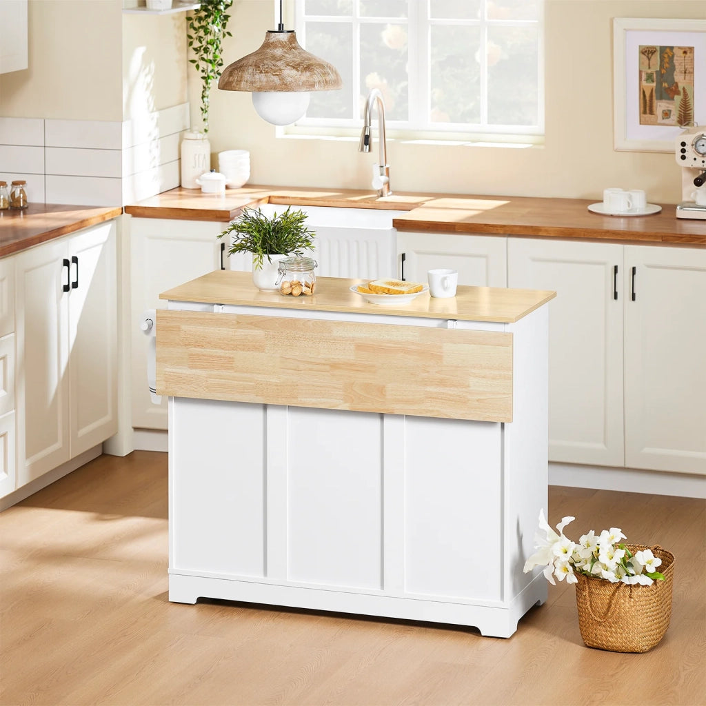 SoBuy FKW129-WN Carrello Cucina con Ruote, Isola Cucina con Piano di Lavoro Estensibile in Legno, 2 Cassetti e Ripiani Regolabili Mobile Salvaspazio per Mobili da Cucina, Bianco, L113 x P91 x H(44-69)