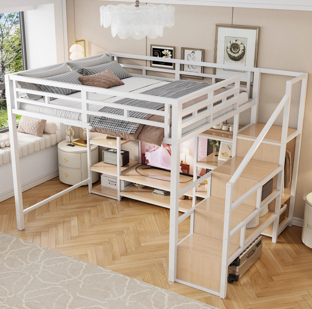Letto a soppalco 140x200 cm bianco con supporto TV e presa