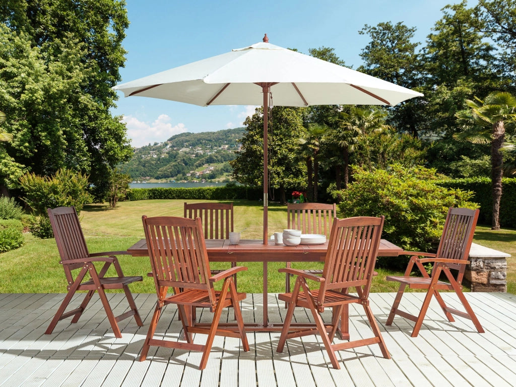 Tavolo da pranzo da giardino in legno di acacia con ombrellone Tavolo allungabile 6 sedie con schienale pieghevole in stile rustico