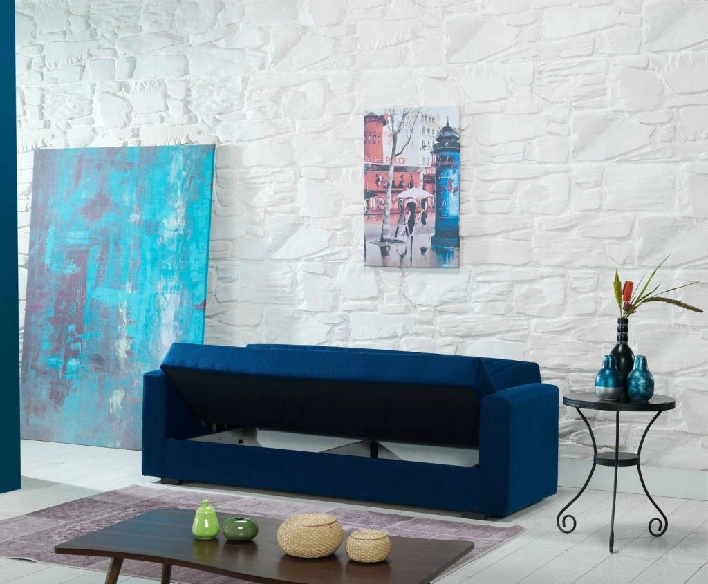 Divano letto Adda, Divano letto contenitore a 3 posti lineare con 2 cuscini inclusi, SofÒ  da soggiorno in tessuto imbottito con apertura click-clack, 214x81xh89 cm, Blu