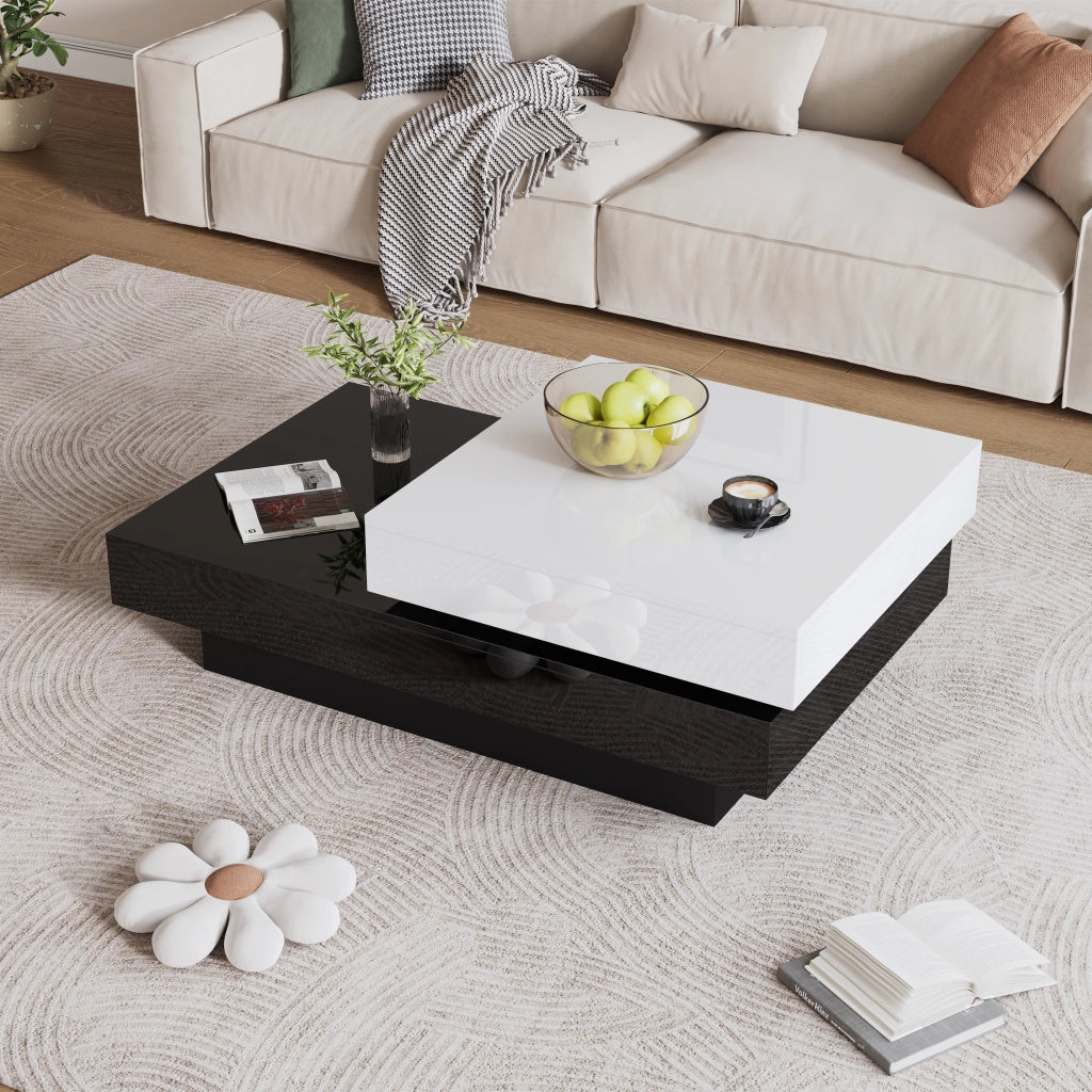 Tavolino da caffè girevole con 2 livelli e 2 vani aperti; piano lucido; per soggiorno; bianco e nero 103 × 60 × 35.5 cm