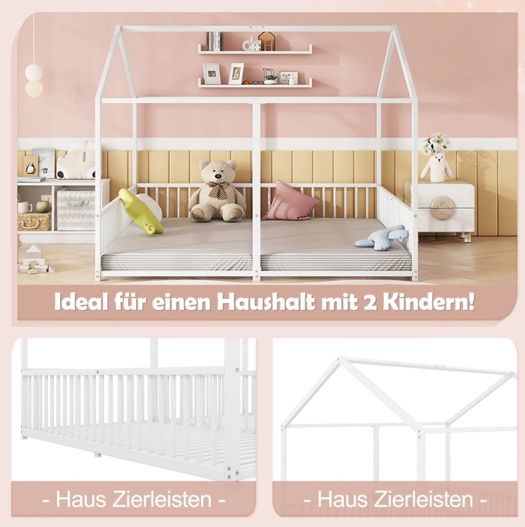 Letto per bambini in metallo a forma di casetta con sponda e scala; 90 x 200 cm; bianco