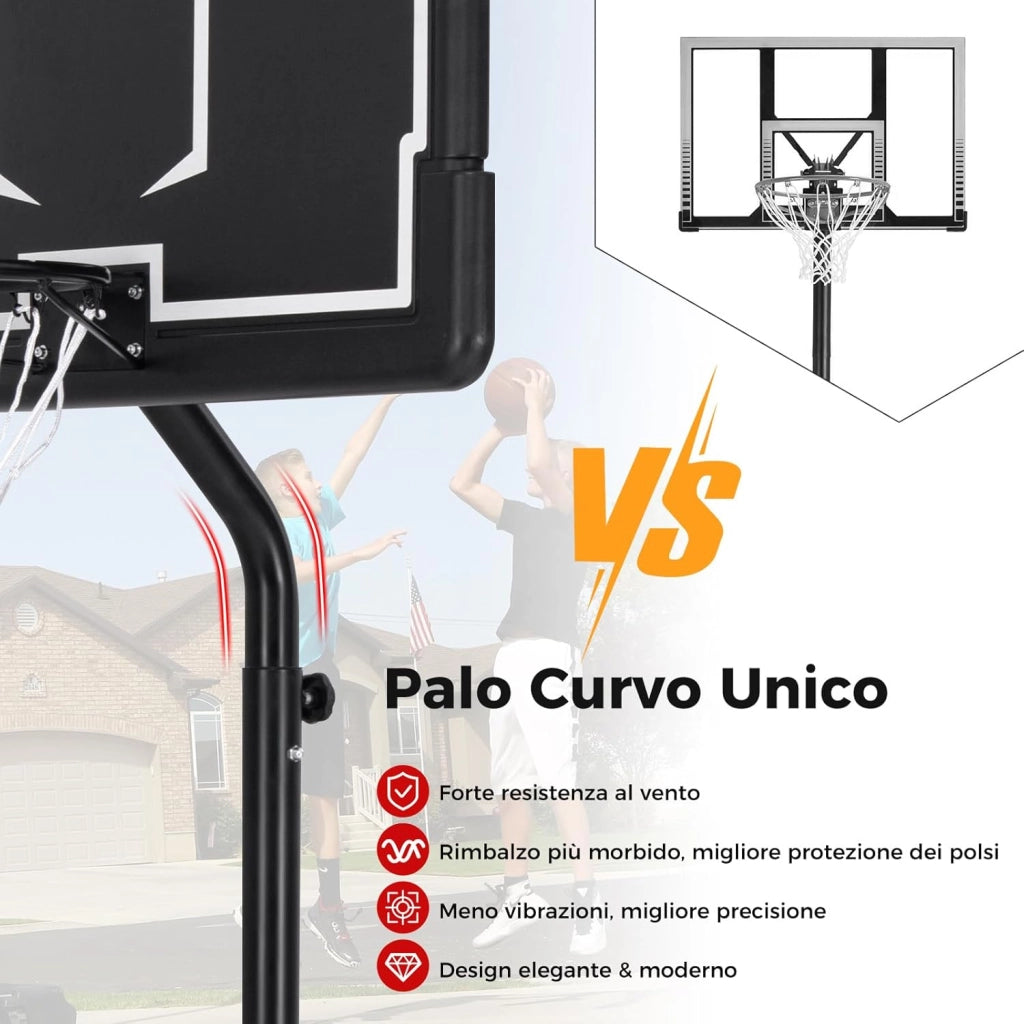 Canestro da Basket Portatile e Regolabile da 2,1 a 2,6 m, Canestro da Basket da Interno e Esterno con Base Riempibile, Tabellone in Policarbonato Antiproiettile e Ruote