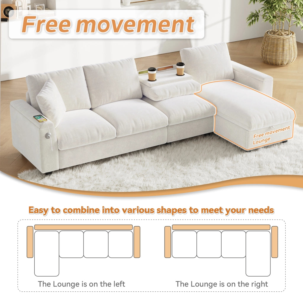 Divano letto angolare con contenitore e tavolino ribaltabile in ciniglia beige