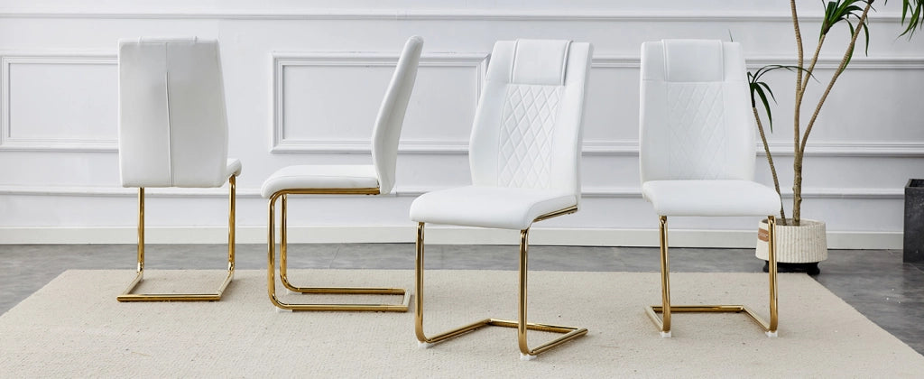 Sedia da sala da pranzo con schienale traforato e gambe in metallo con piedini antiscivolo in pu bianco oro