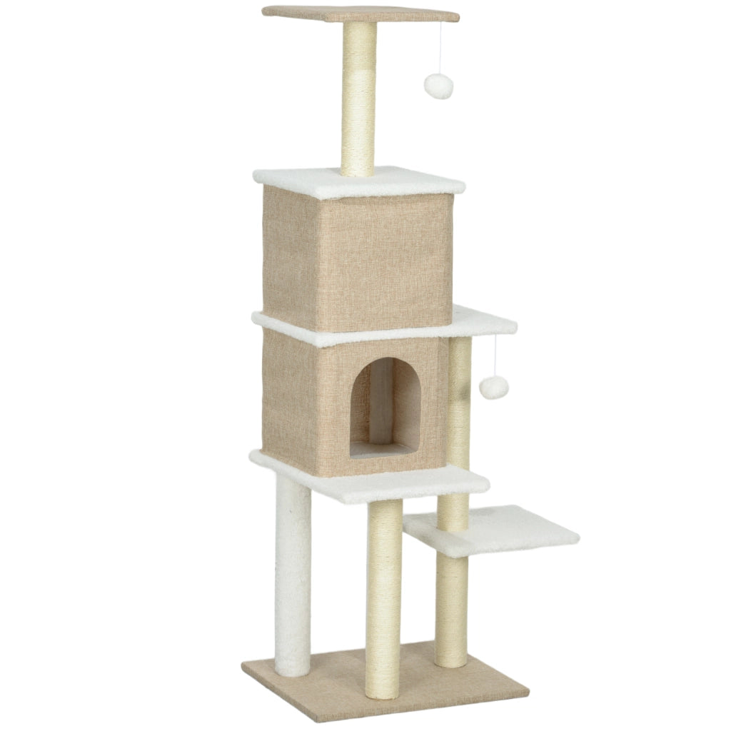 Albero tiragraffi per gatti con piattaforme, tane e palline ¨C zephmum ¨C marrone chiaro 140 cm