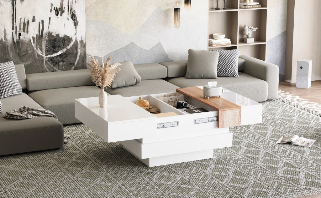 TAVOLINO da caffè quadrato 70x70x39 cm bianco lucido con piano estraibile