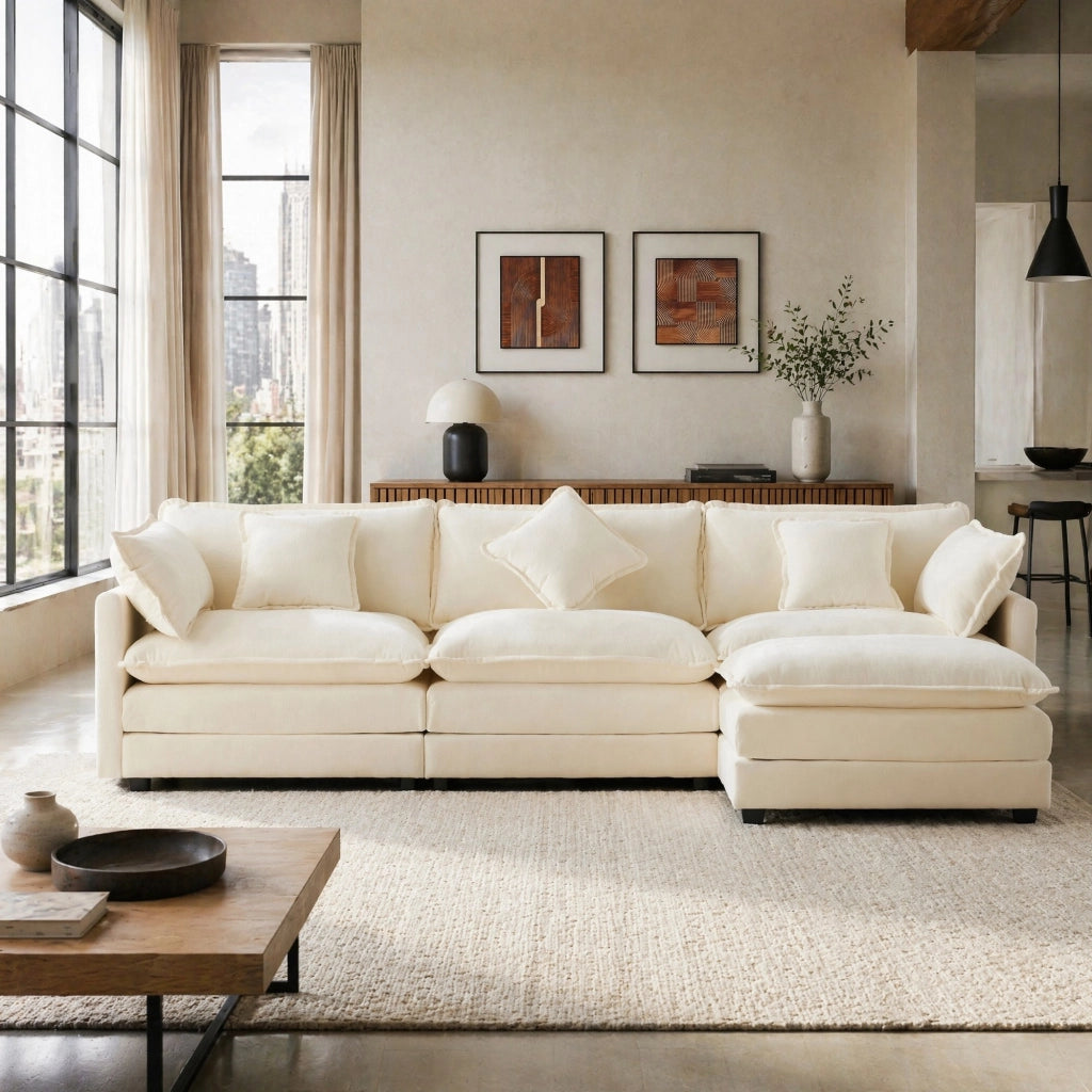 Divano angolare reversibile 3 posti con cuscini bracciolo e cuscino lombare, in Chenille Beige