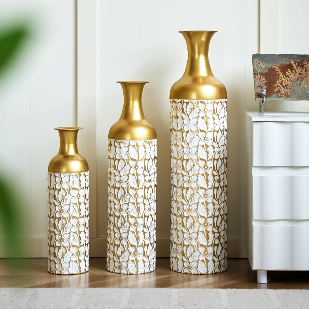 Fioriera a più livelli in metallo set da 3 con motivo floreale oro e bianco per soggiorno ingresso e ufficio