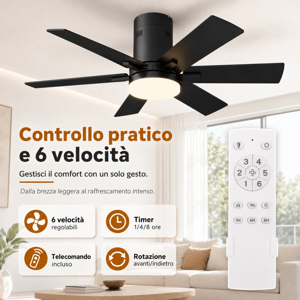 Ventilatore da soffitto nero DC 106;6 cm con luce LED 3000‑6500K; 6 velocità; telecomando; silenzioso per soggiorno camera da letto