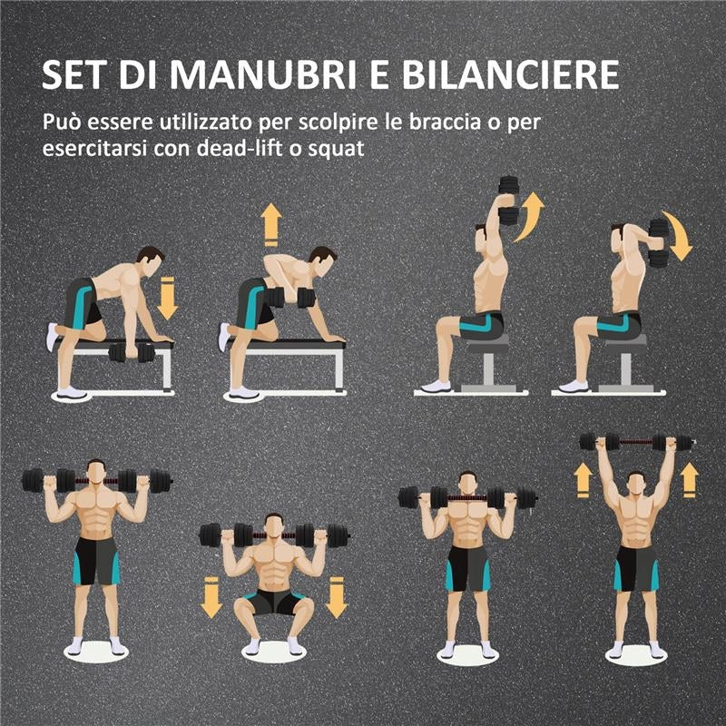 SET 2 MANUBRI ANTISCIVOLO CON 16 DISCHI PESI DA 30 KG  TOTALI E CONNETTORE, IN ACCIAIO, HDPE E SABBIA, NERO