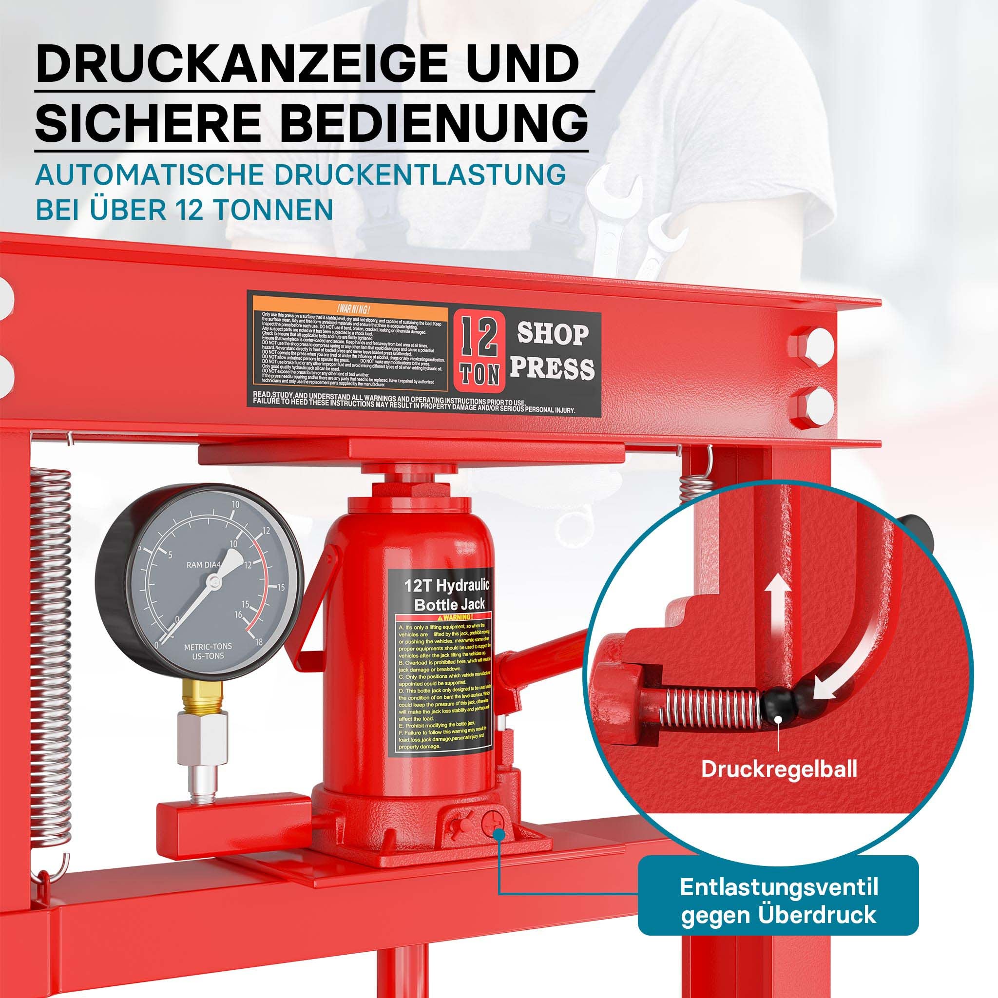 Pressa idraulica da officina 12t Pressa a telaio per cuscinetti con manometro
