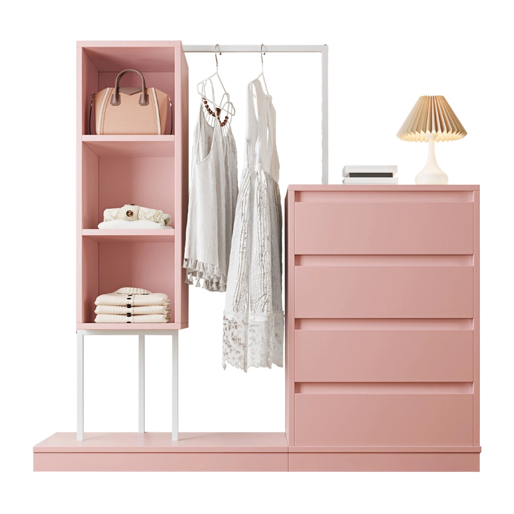 Set Armadio con Cassettiera e Appendino, Rosa, 140x40x135 cm