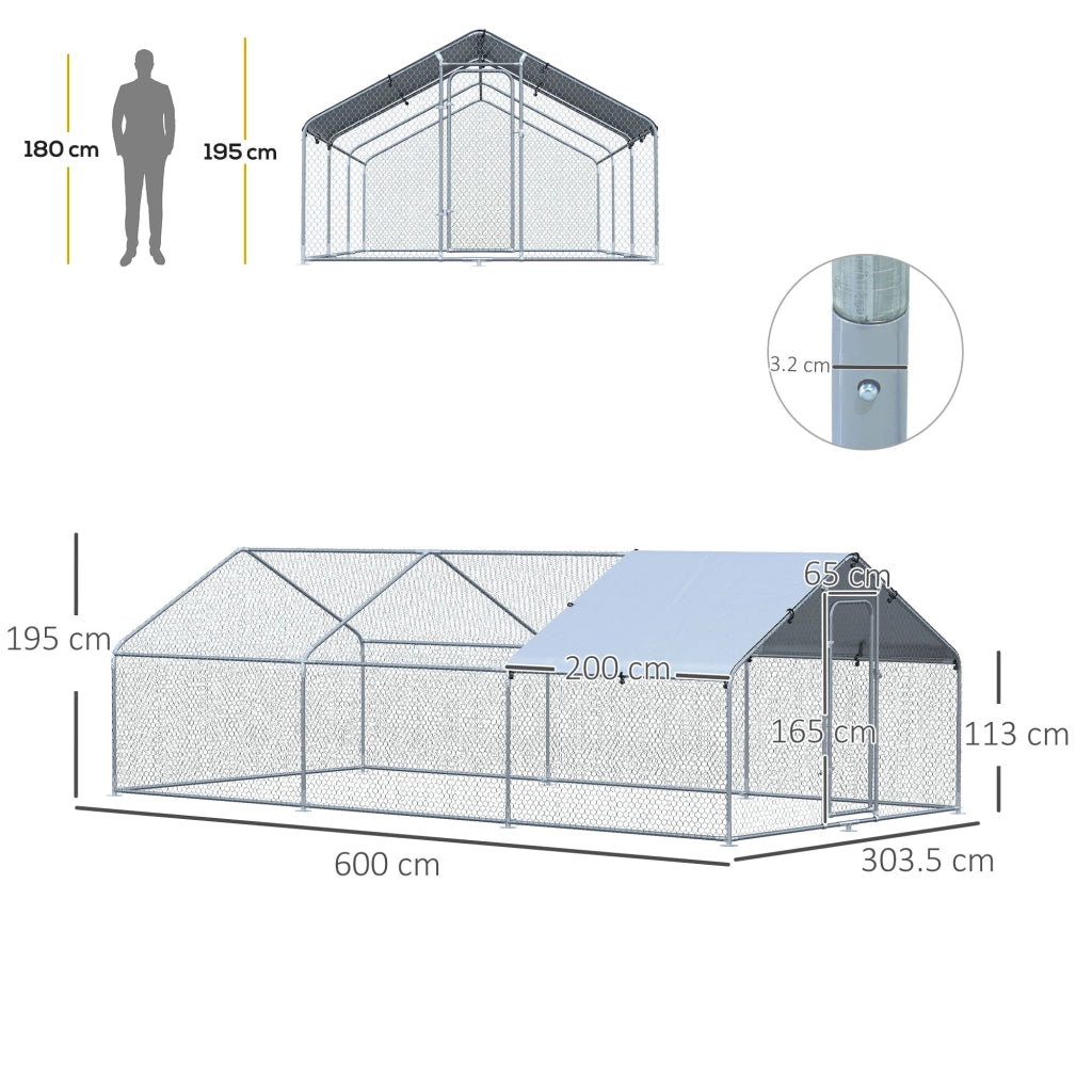 EasyComfort Pollaio per Galline da Esterno in Metallo con Copertura in Tessuto Oxford, 600x303.5x195 cm, Argento