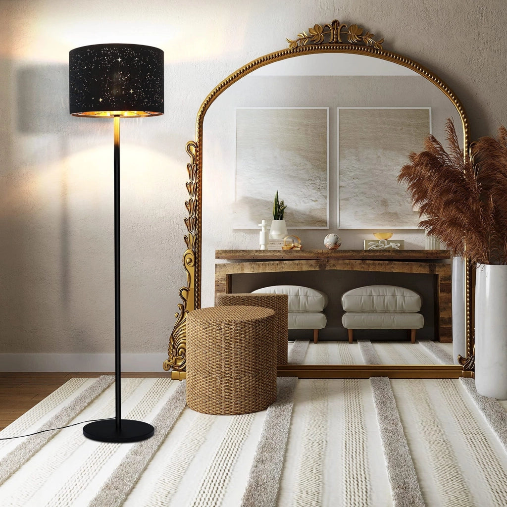 ZMH Lampada da terra moderna tessuto nero oro E27 design stella 144cm max 40W con paralume