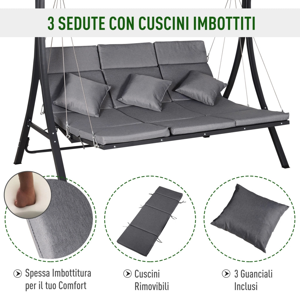 Dondolo da Giardino con Tettuccio e Cuscini ¨C zephmum ¨C Grigio, Textilene, Metallo, 198x118x168 cm