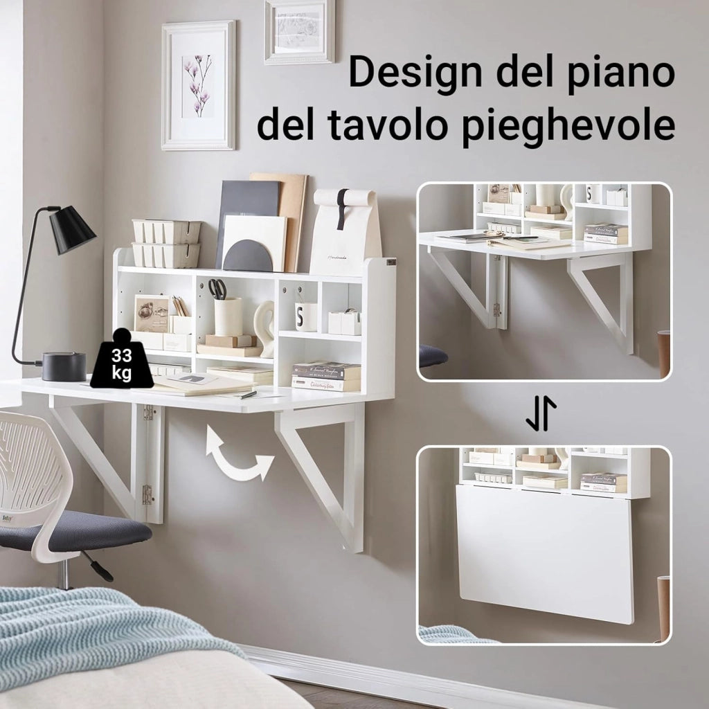 tavolo pieghevole da parete con mensola salvaspazio per cucina piccola e studio, consolle da pranzo a scomparsa bianca 90x60 cm, dimensioni ca. 90x78x60 cm FWT07-II-W