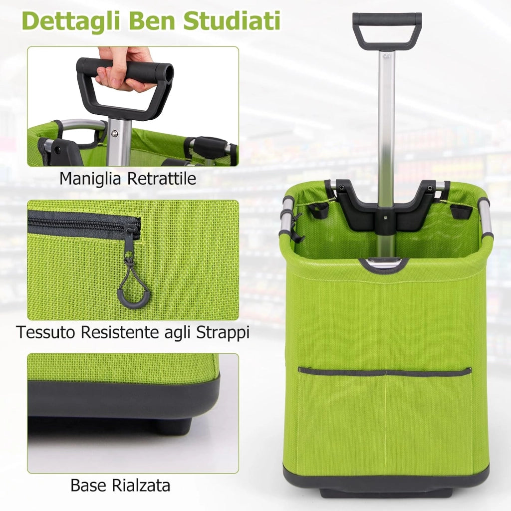 Carrello Spesa Pieghevole in Alluminio, Trolley Spesa con Ruote, Tasche Multiple e Manico Telescopico Regolabile, Capacità 50L, Caricabile fino a 35 kg (Verde)