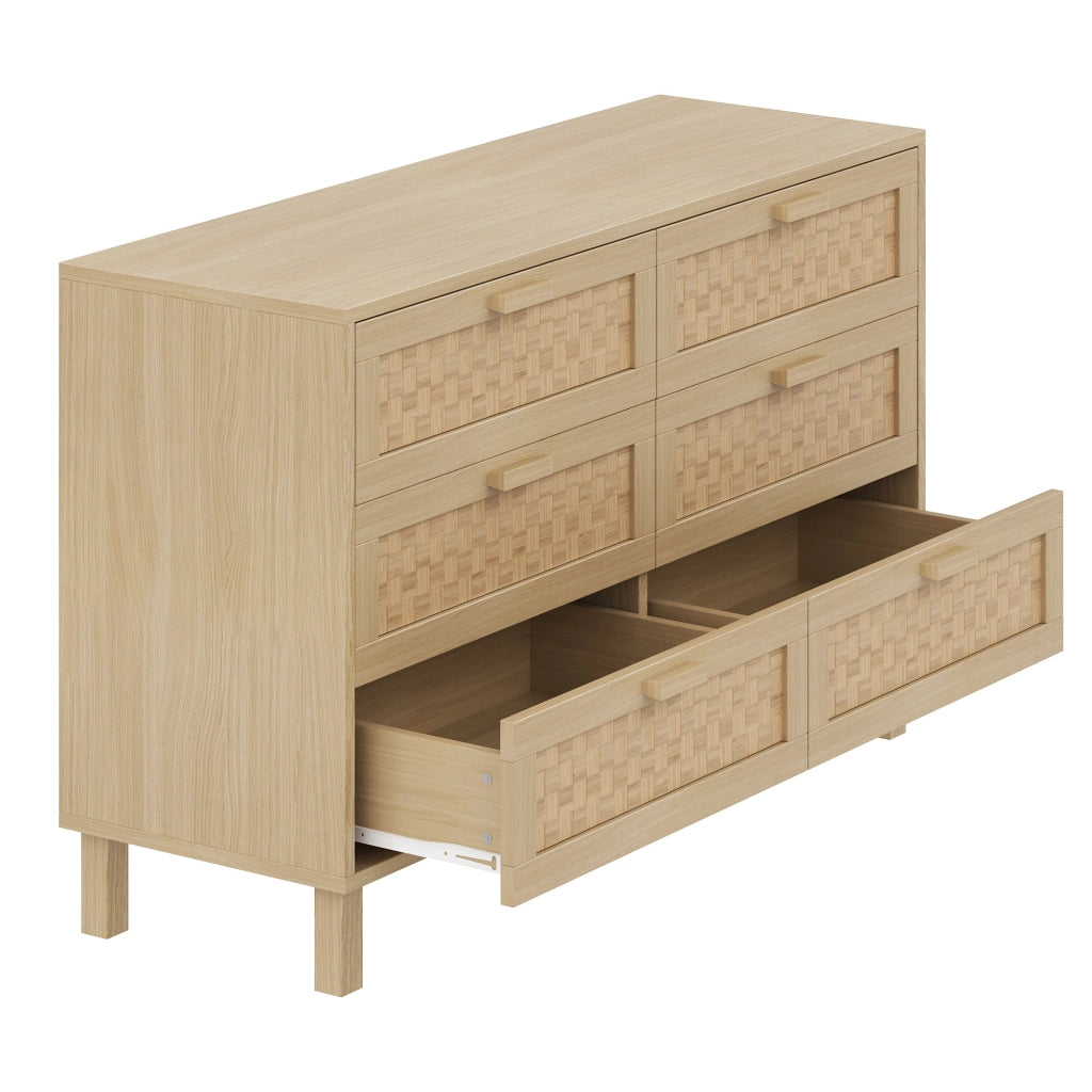 Elegante cassettiera in legno naturale - Zephmum- 6 cassetti, finitura in rattan