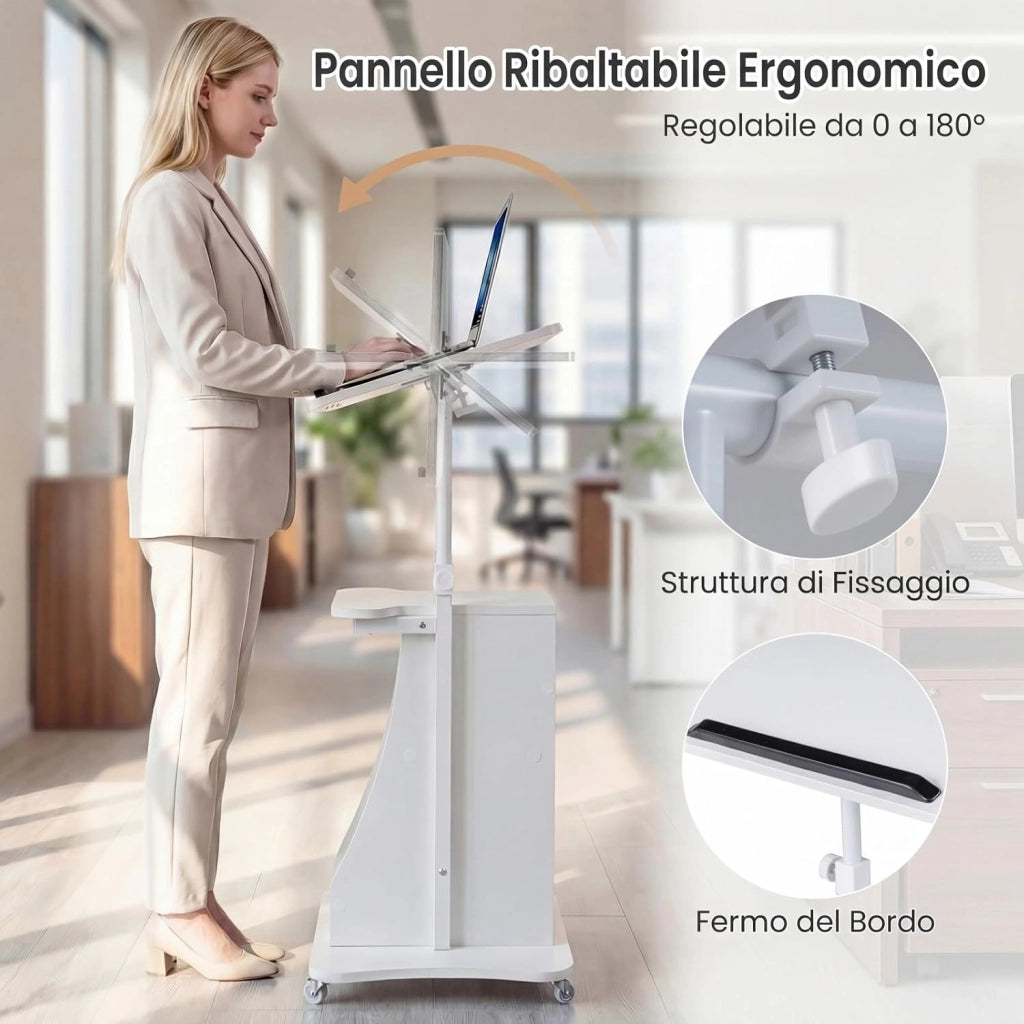 Leggio per Oratori, Podio per Conferenza con Ruote Bloccabile, Altezza Regolabile, Piano Ribaltabile e Armadietto Aperto, Leggio da Pulpito in Legno per Aula, Ufficio e Seminario (Bianco)