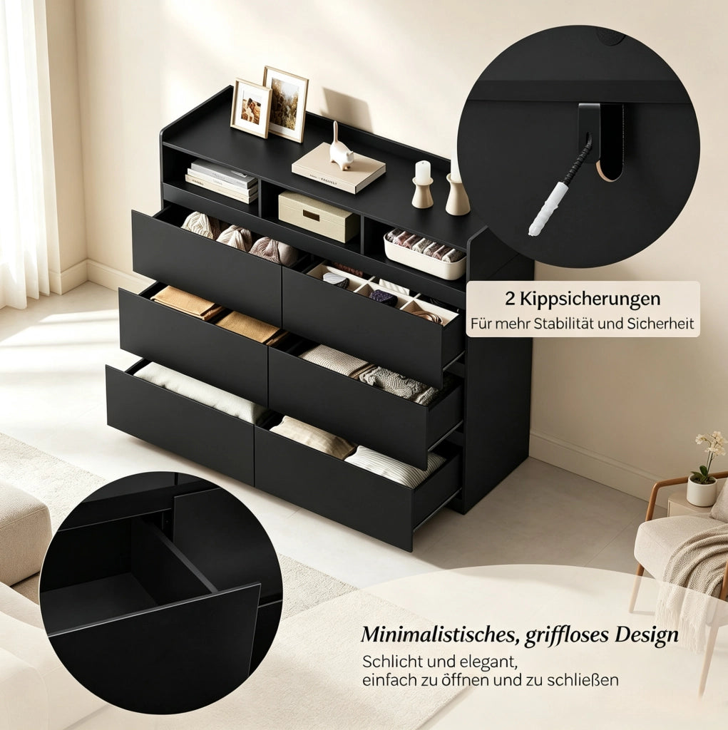 Cassettiera moderna nera con 6 cassetti e 3 vani aperti 120x40x100 cm in pannello E1