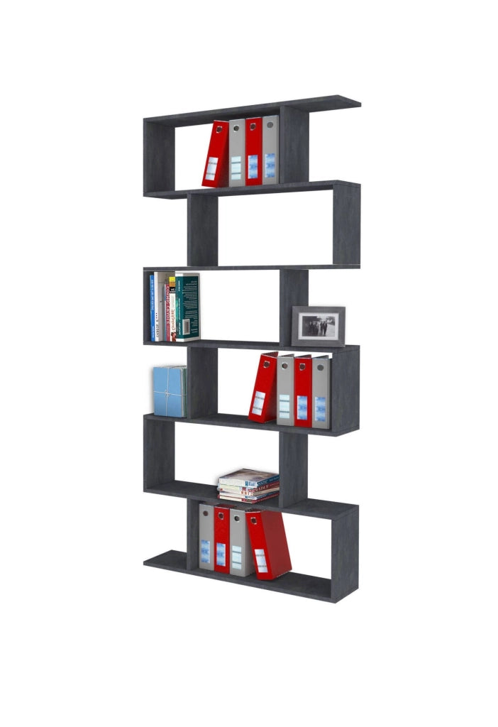 Libreria alta bifacciale a 6 Alowha, Made in Italy, Scaffale per libri e documenti, Libreria a zig zag da ufficio, cm 80x25h192, Grigio Cenere