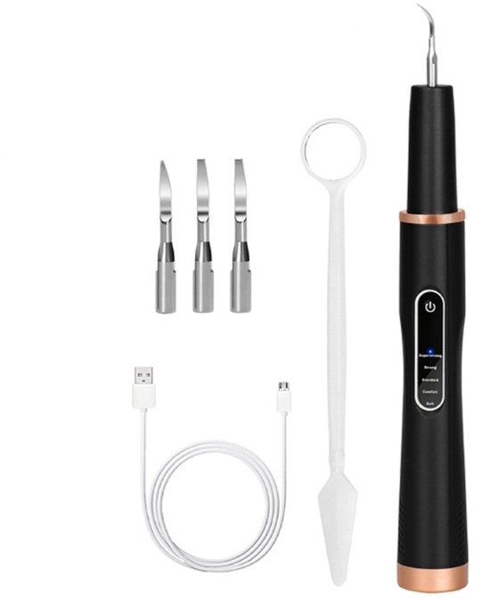 Apparecchio per la pulizia dei denti, strumento di pulizia odontoiatrica, rimuovitore di tartaro, pulitore di denti con 4 teste di pulizia, nero