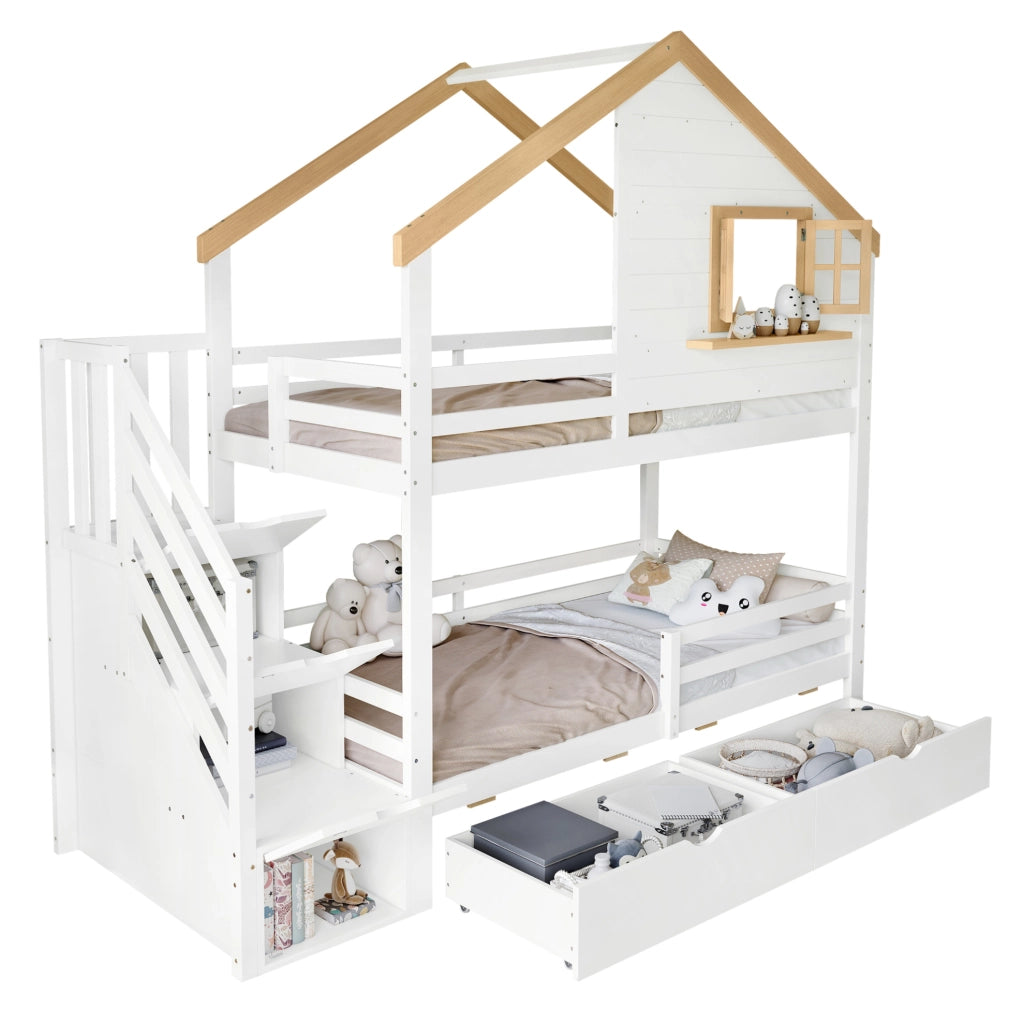 Letto a castello 90x200 cm con cassetti bianco e naturale
