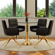 Tavolo da pranzo rotondo in vetro temperato con 4 sedie girevoli in PU nero e oro 85 cm