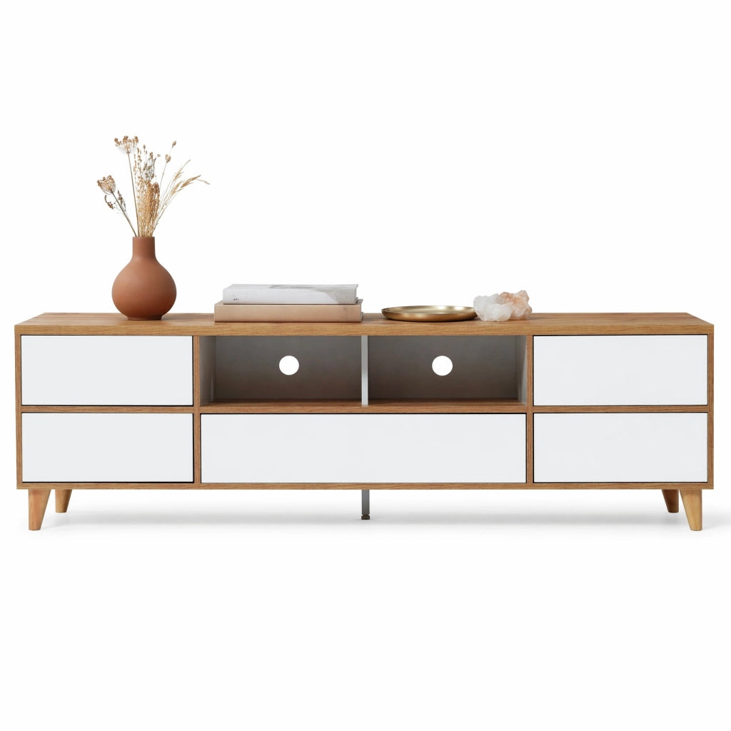 Mobile porta TV moderno 175x37x51 cm bianco e effetto legno con 4 ante