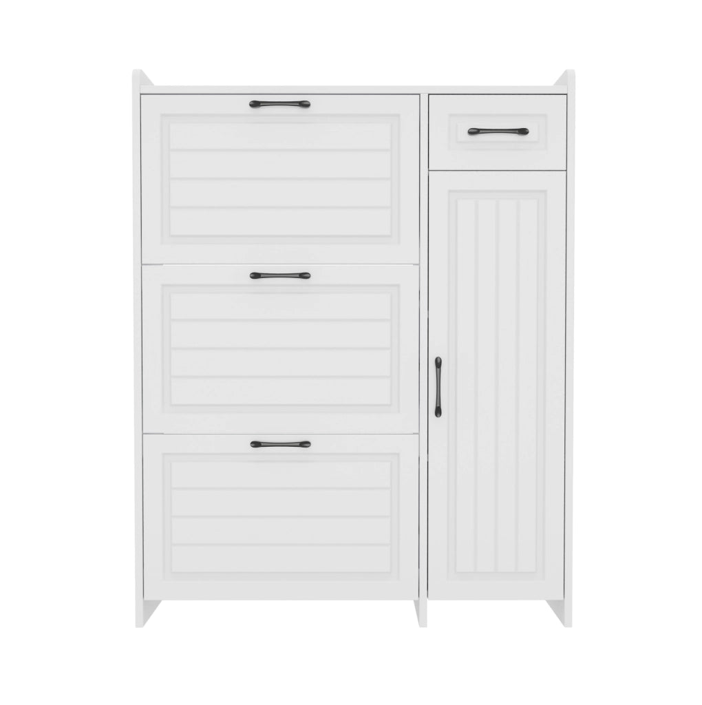 Mobile portascarpe bianco con 3 ribalte e cassetto 92x24x121 cm